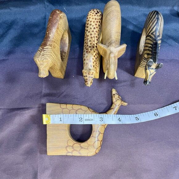 Vintage Hand Carved Wood African Safari Napkin Ring Holders 5pc - Picture 9 of 9